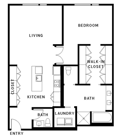 Floor plan for 1 bed, 2 baths, 1205 sqft